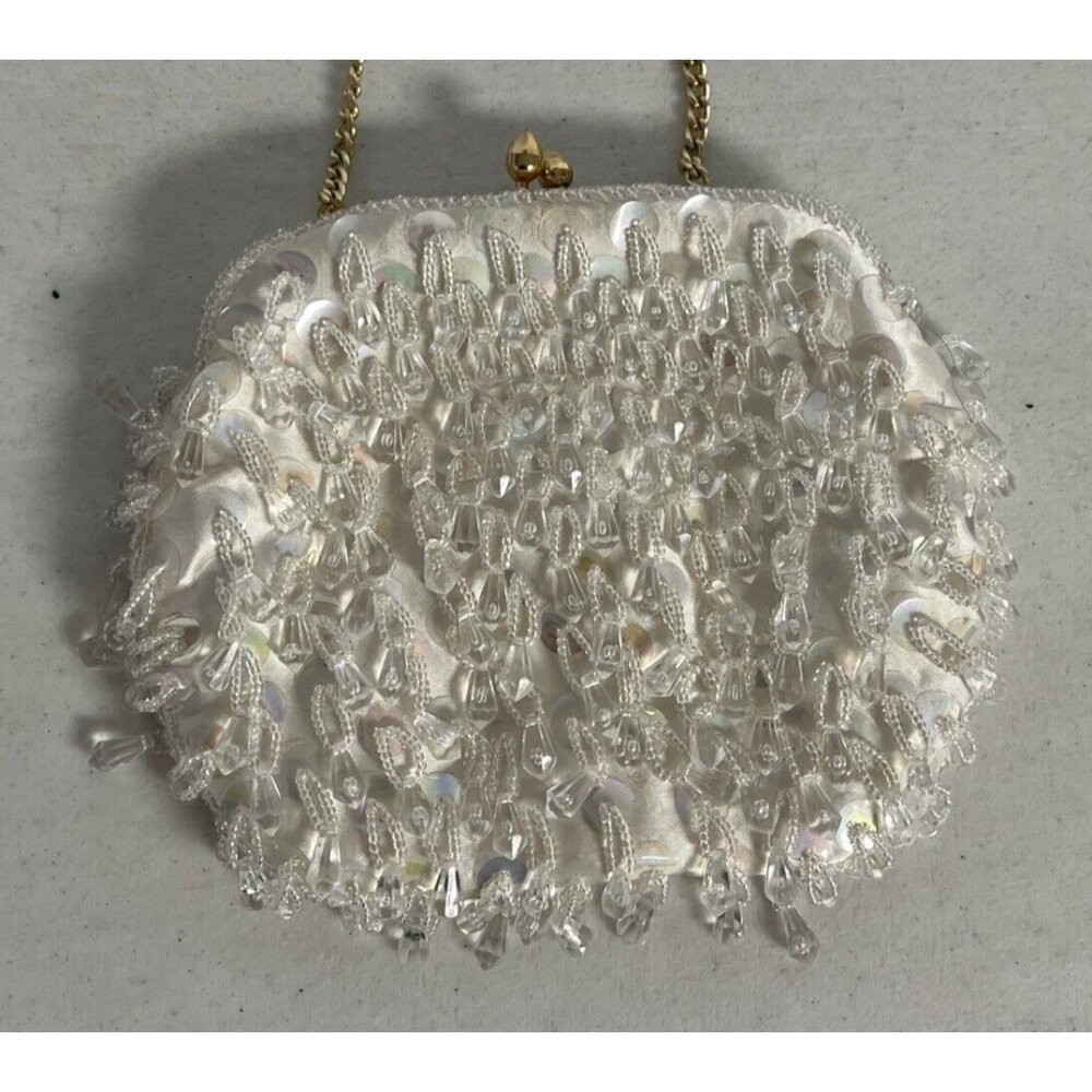 Vintage Looped Beads White Purse Hong Kong Gold Short Strap Chain - Picture 2 of 6